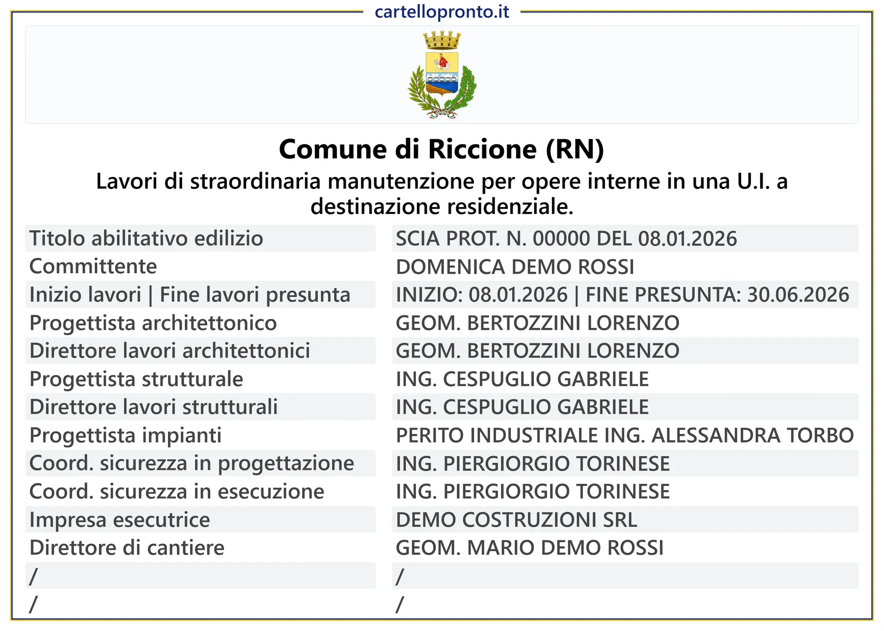 Esempio di cartello di cantiere base senza QR Code generato con CartelloPronto