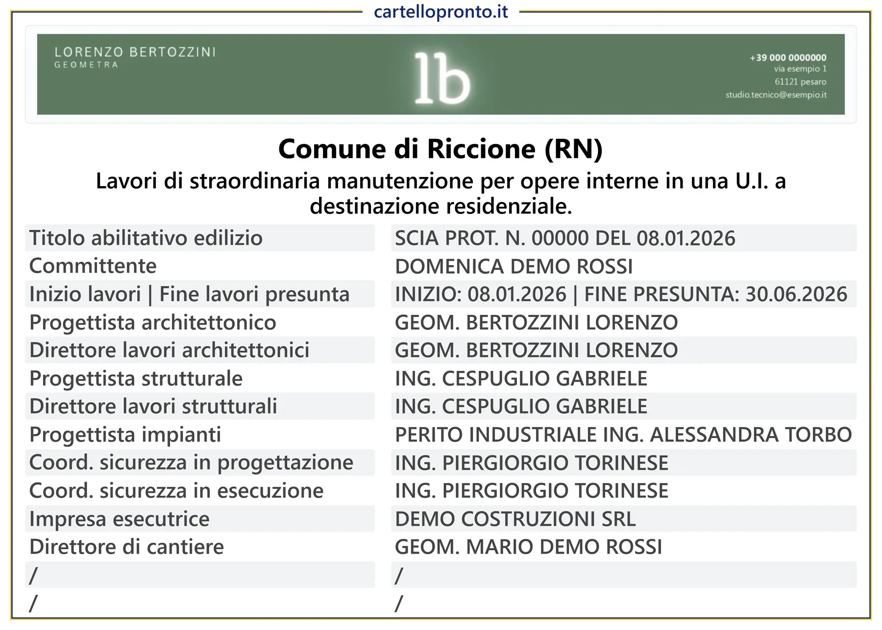 Esempio di cartello di cantiere personalizzato con banner studio tecnico o impresa