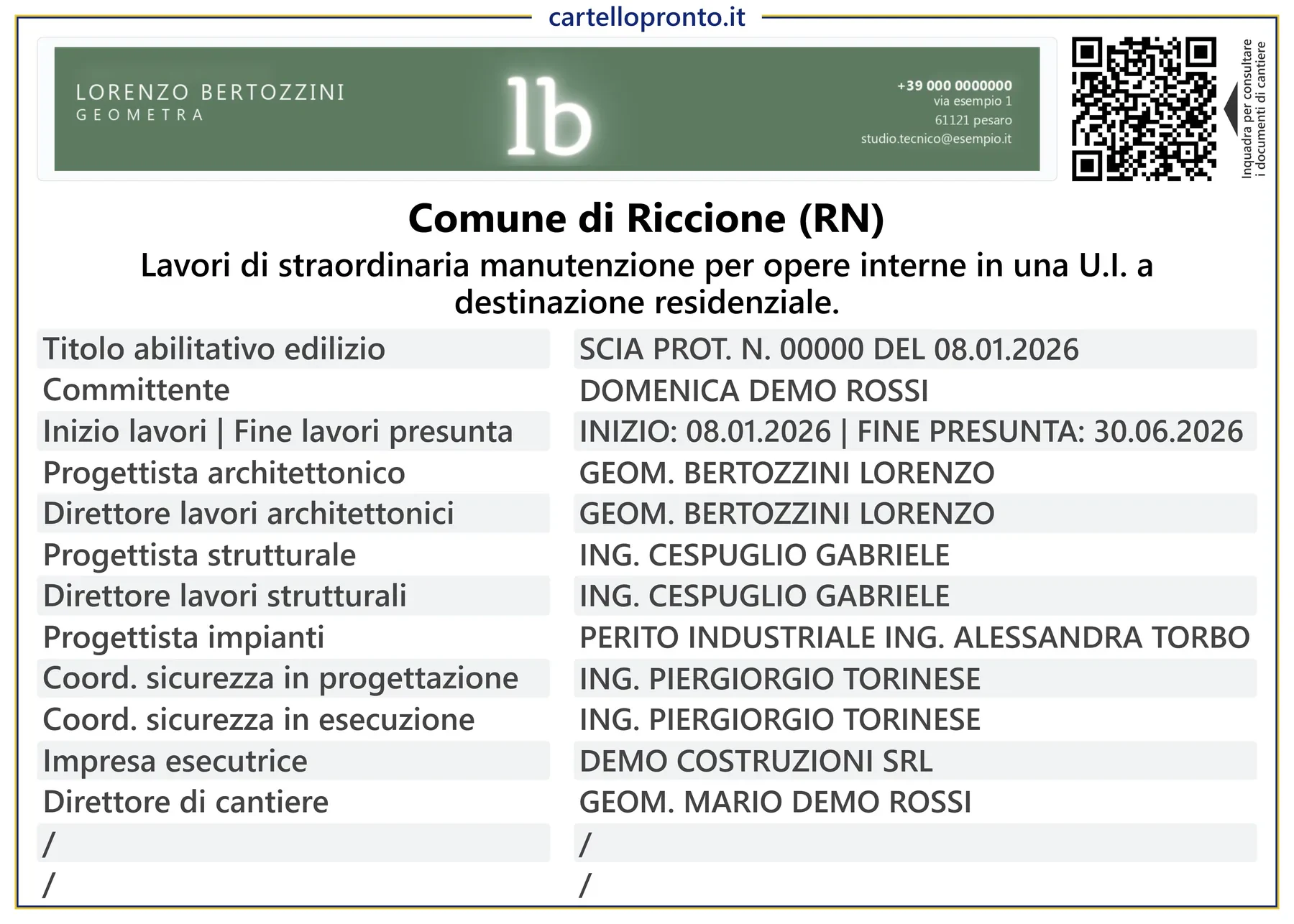 Esempio di cartello di cantiere con QR Code per documenti di cantiere